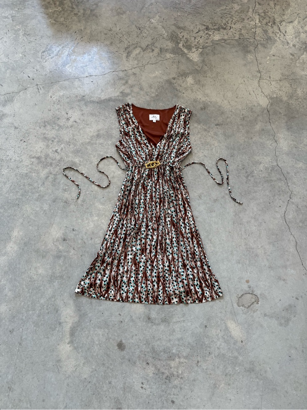 Milly Brown and White Printed V-Neck Midi Dress with Waist Tie